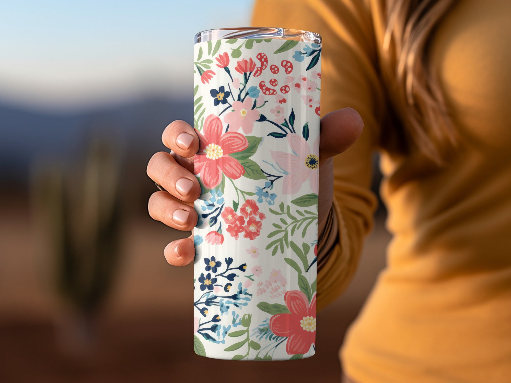 Floral Pattern Insulated Drink Tumbler with Lid