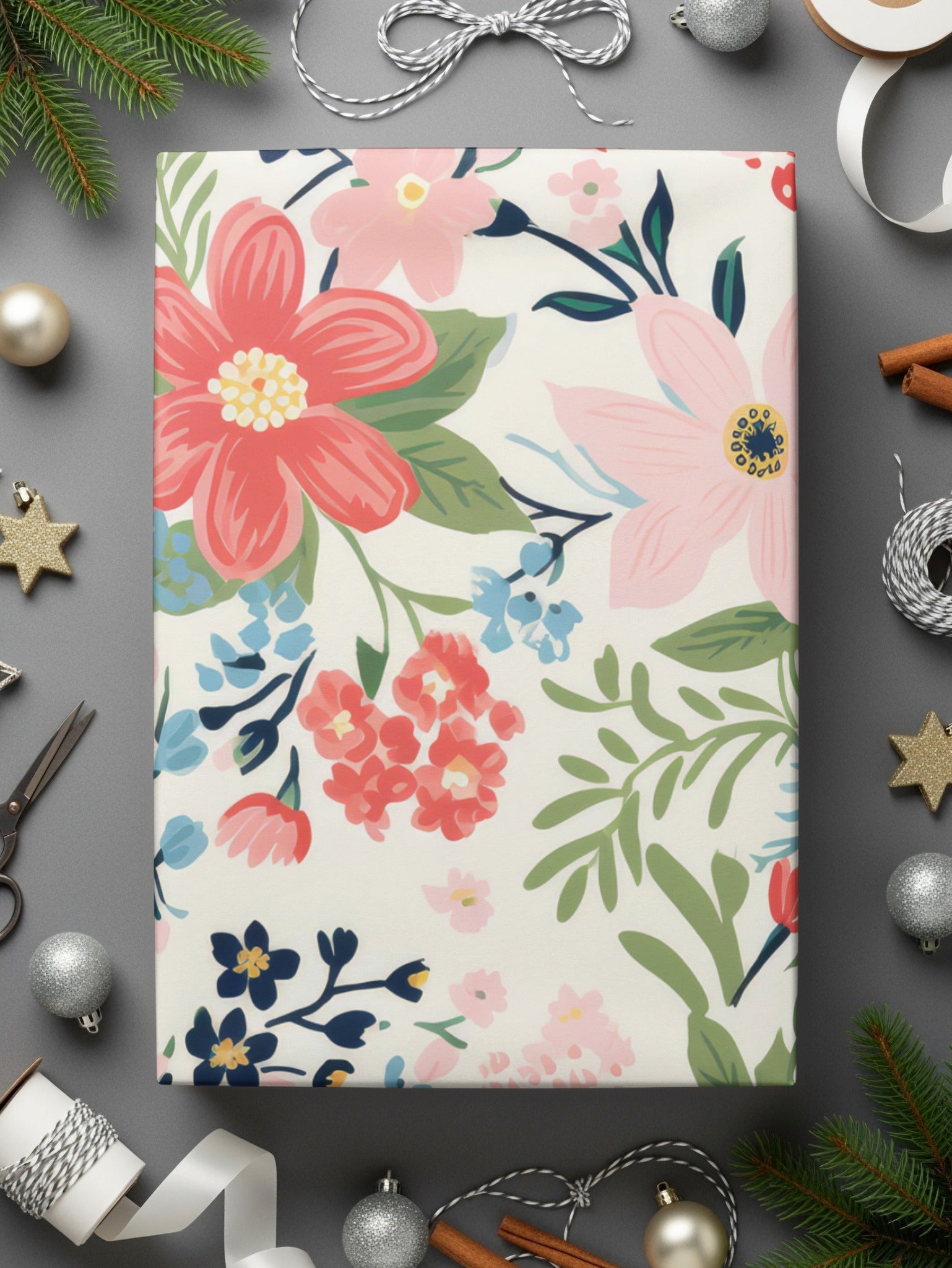 Floral Gift Wrap with Colorful Flowers and Leaves Design