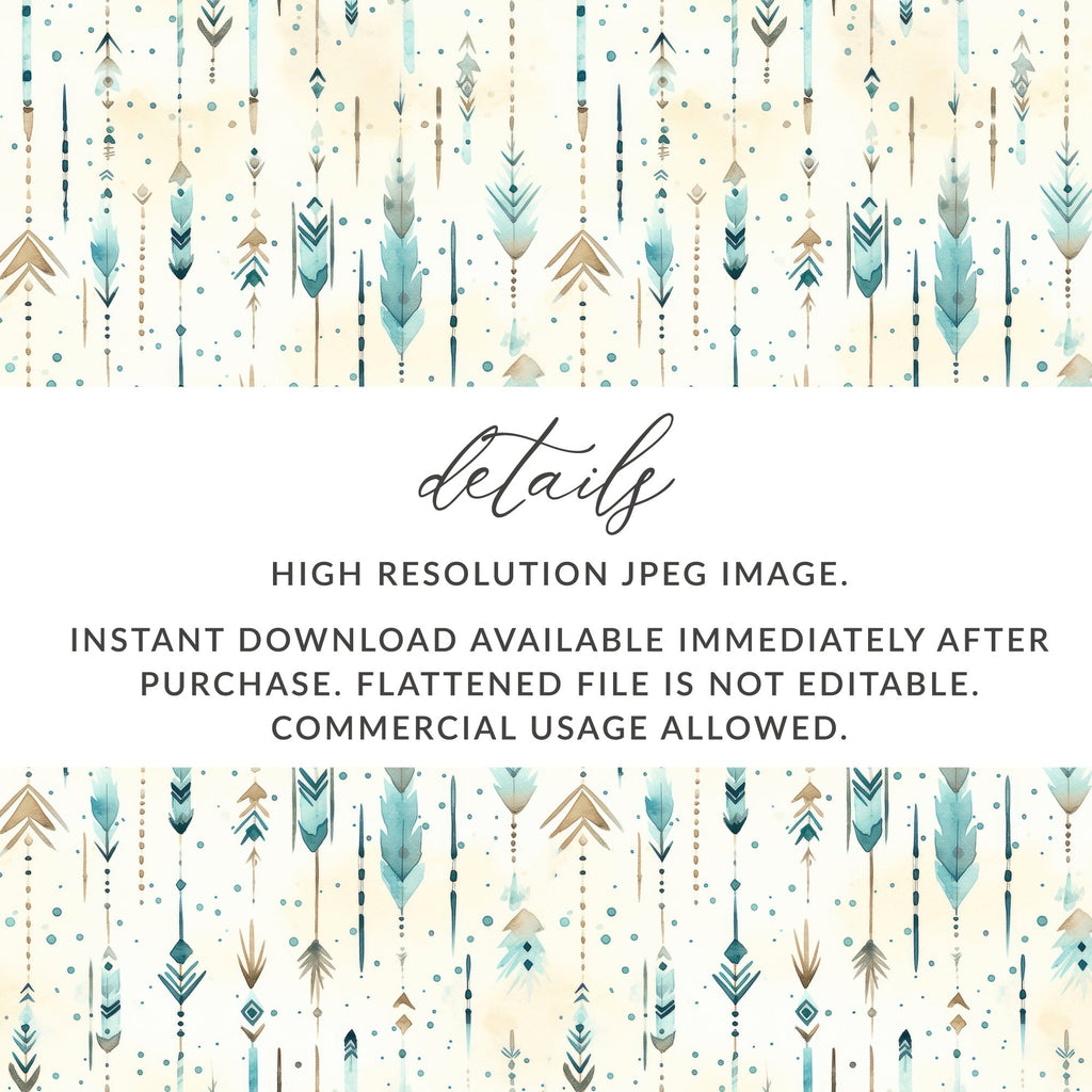 Boho Chic Seamless Pattern Digital Paper, Watercolor Feathers Background, Arrow Tribal Print, Teal and Beige, Scrapbook Paper Download - Moore and Mountain