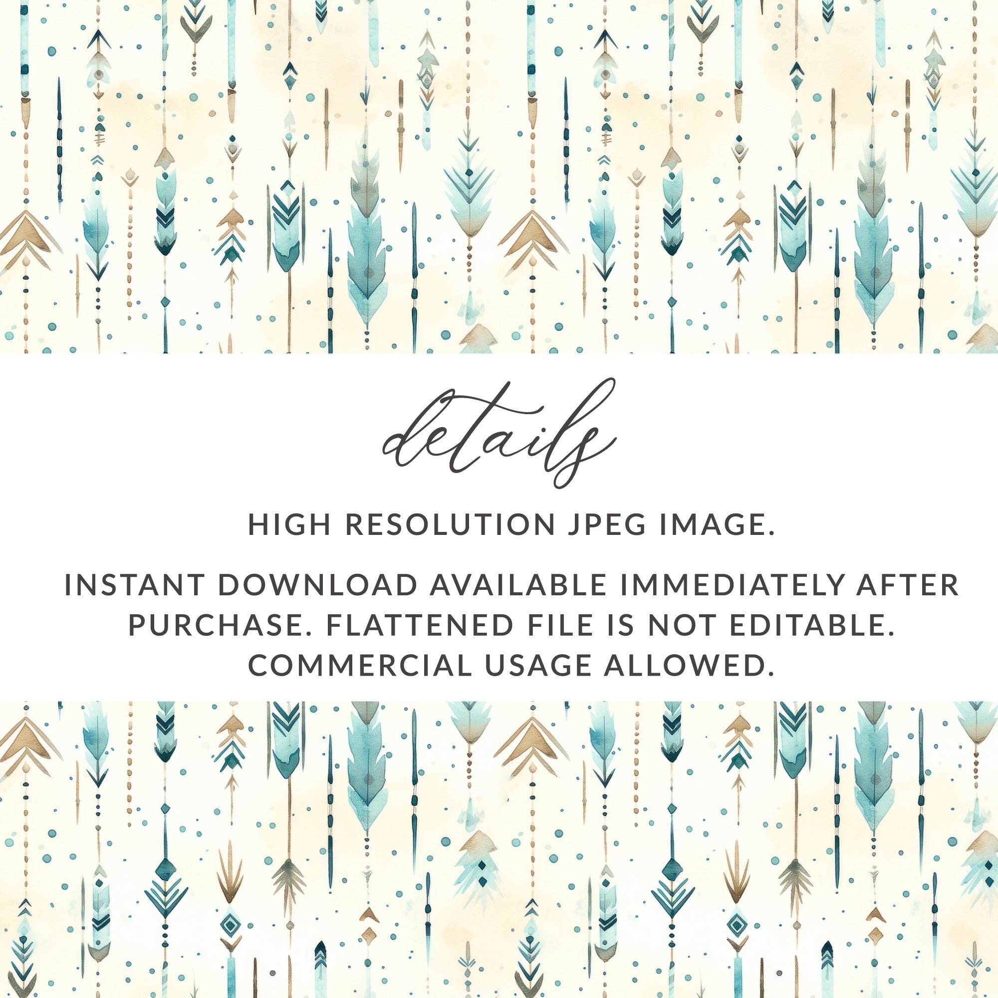 Boho Chic Seamless Pattern Digital Paper, Watercolor Feathers Background, Arrow Tribal Print, Teal and Beige, Scrapbook Paper Download - Moore and Mountain