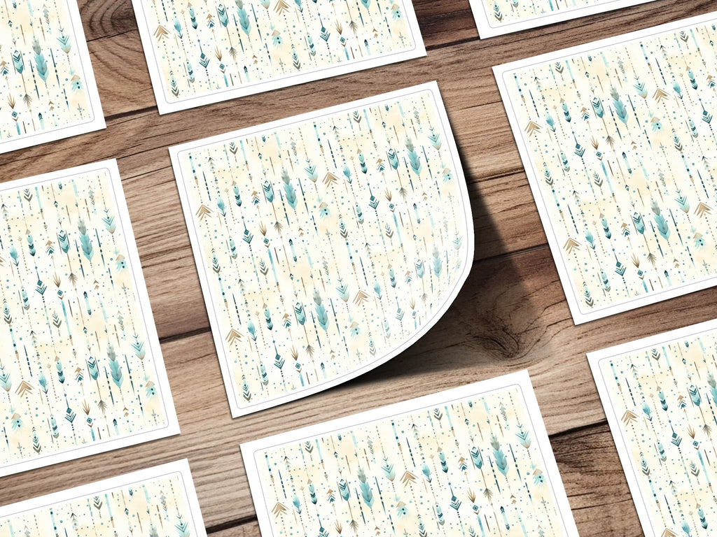 Boho Chic Seamless Pattern Digital Paper, Watercolor Feathers Background, Arrow Tribal Print, Teal and Beige, Scrapbook Paper Download - Moore and Mountain