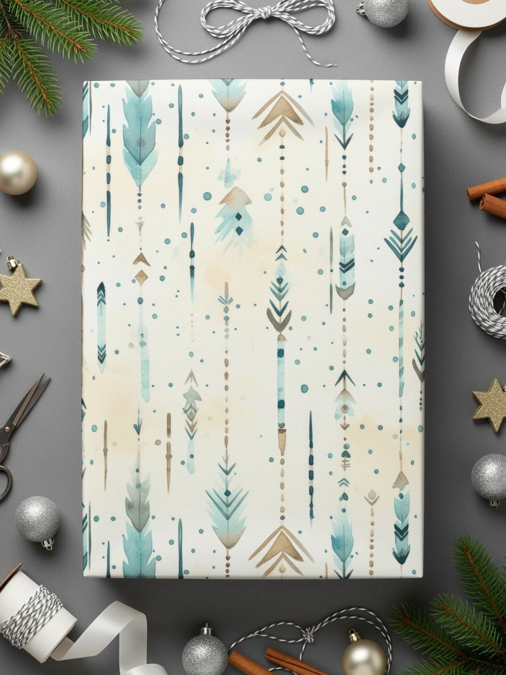 Boho Chic Seamless Pattern Digital Paper, Watercolor Feathers Background, Arrow Tribal Print, Teal and Beige, Scrapbook Paper Download - Moore and Mountain