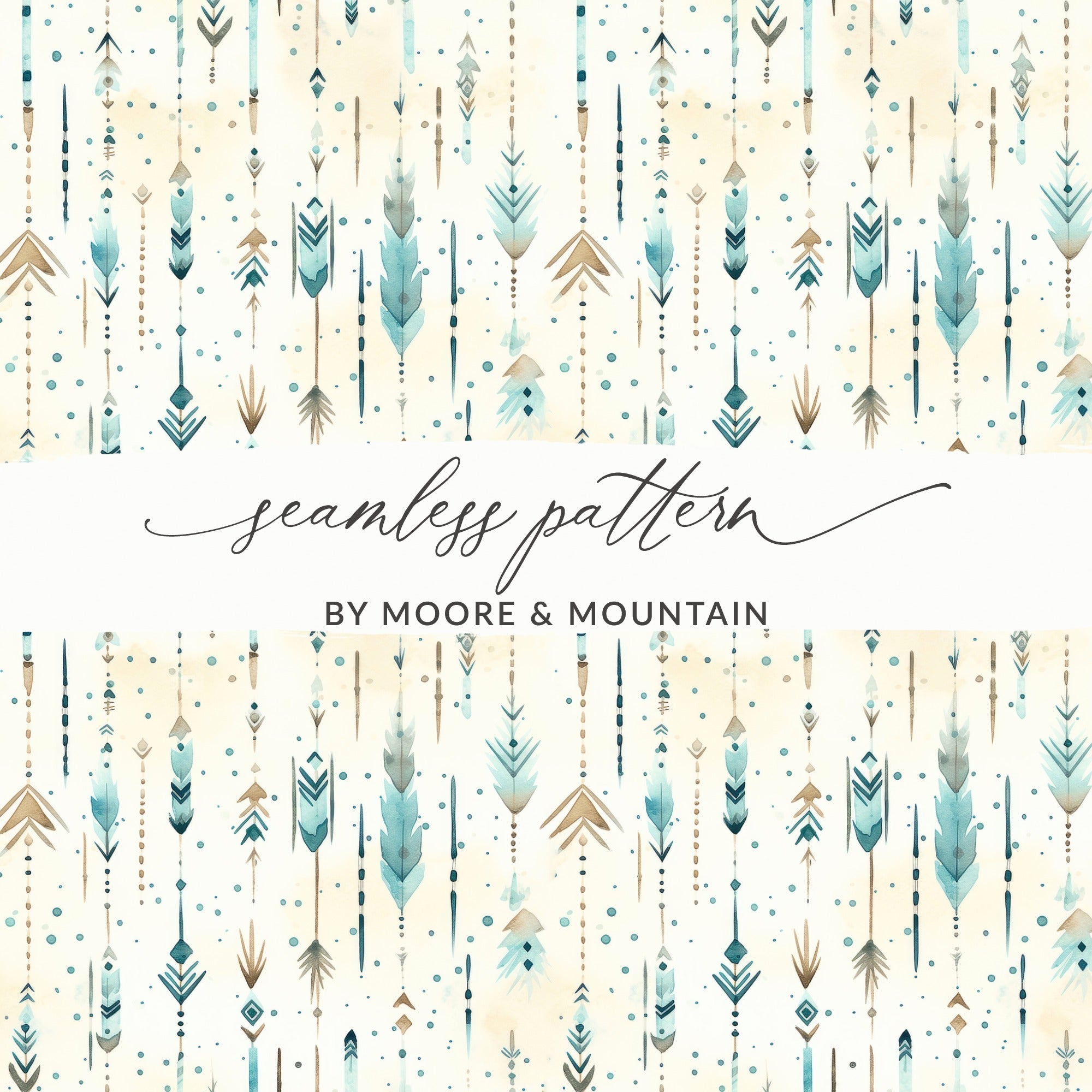 Boho Chic Seamless Pattern Digital Paper, Watercolor Feathers Background, Arrow Tribal Print, Teal and Beige, Scrapbook Paper Download - Moore and Mountain