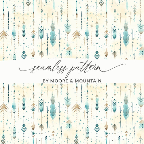Boho Chic Seamless Pattern Digital Paper, Watercolor Feathers Background, Arrow Tribal Print, Teal and Beige, Scrapbook Paper Download - Moore and Mountain