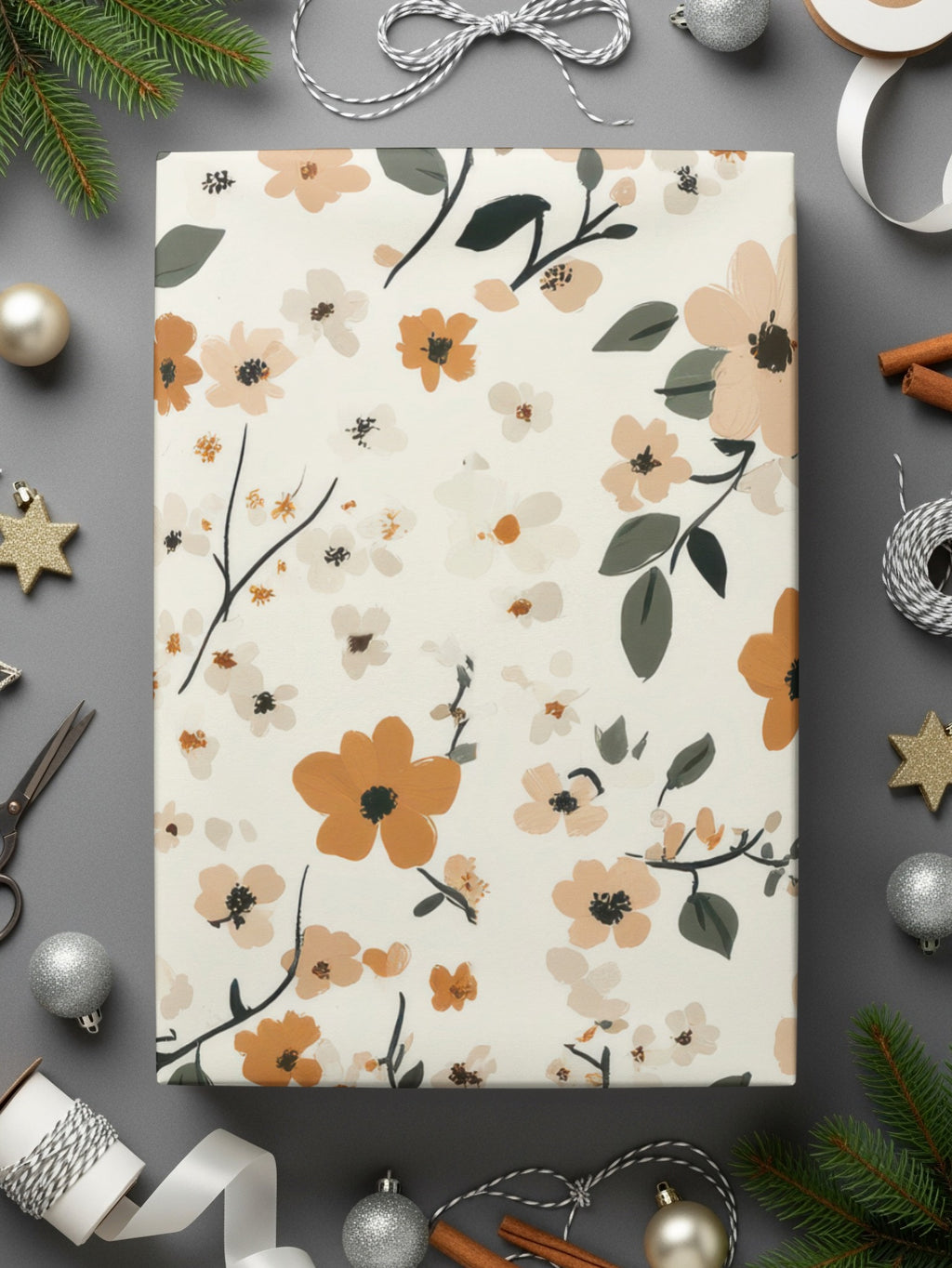 Floral Patterned Gift Wrap with Festive Decorations