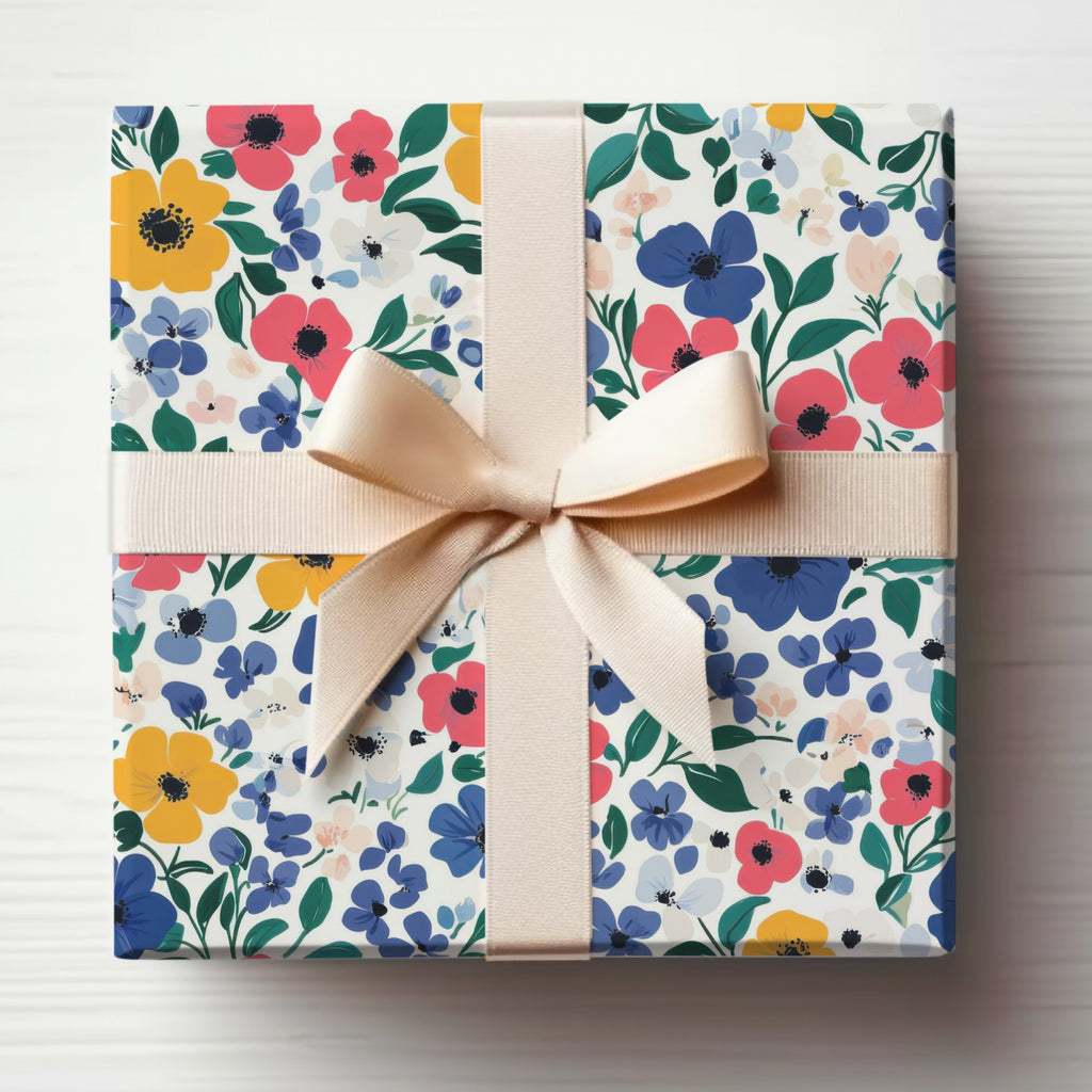 Floral Pattern Gift Wrap with Beige Ribbon Design