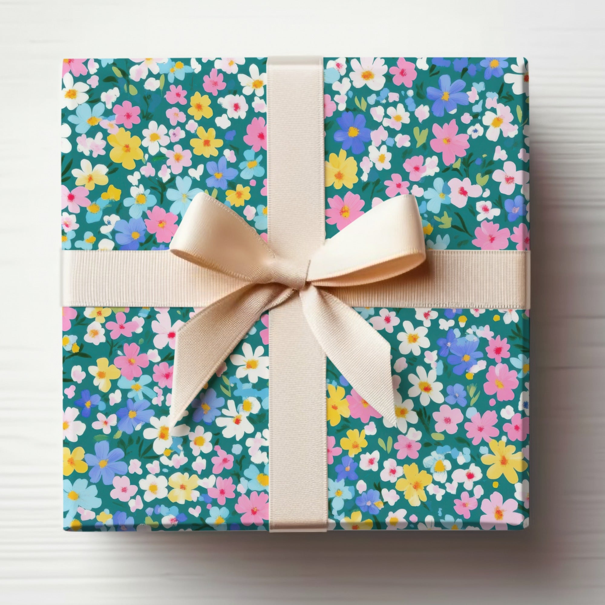 Colorful Floral Gift Box with Cream Bow Gift Wrap