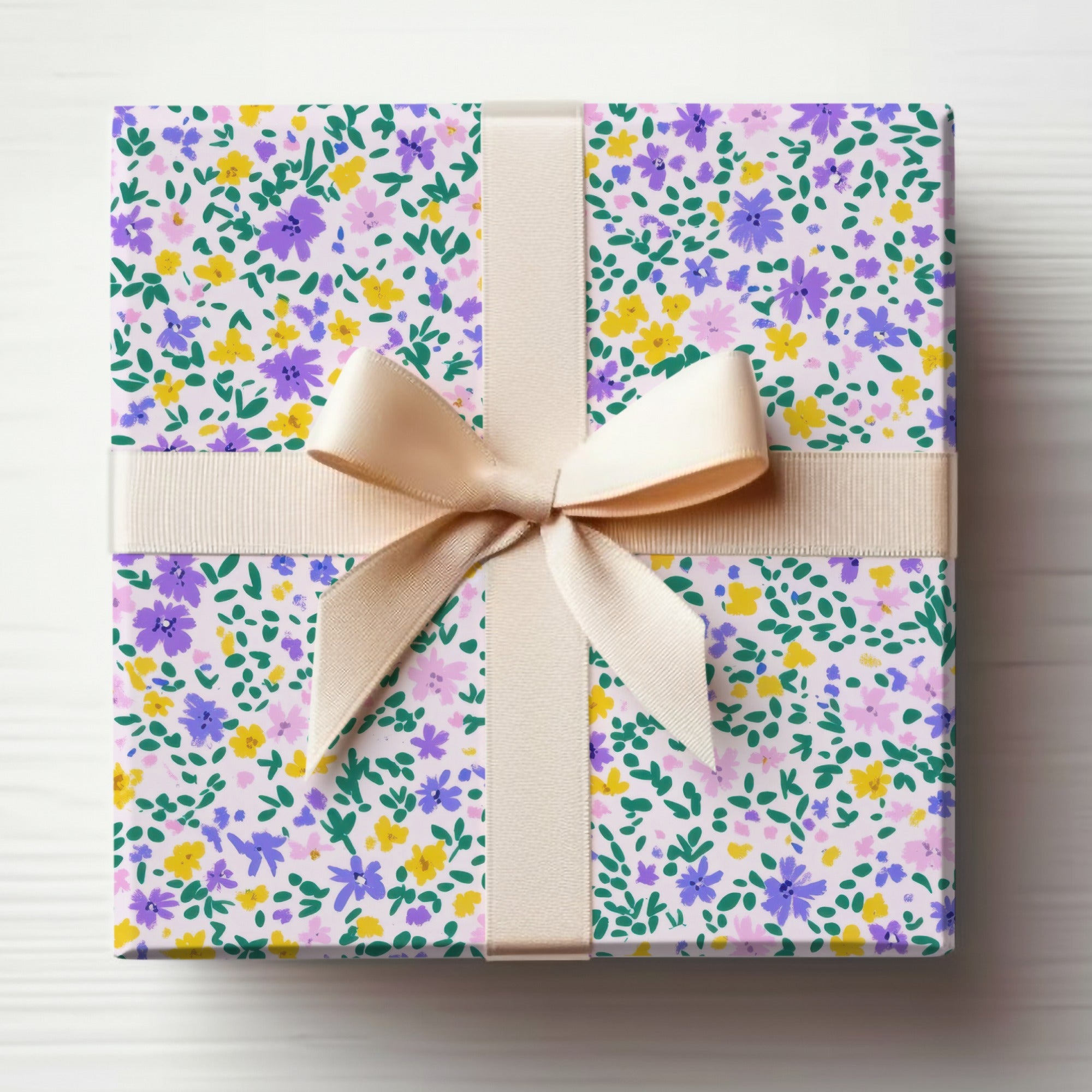 Floral Patterned Gift Wrap with Beige Bow for Gifts