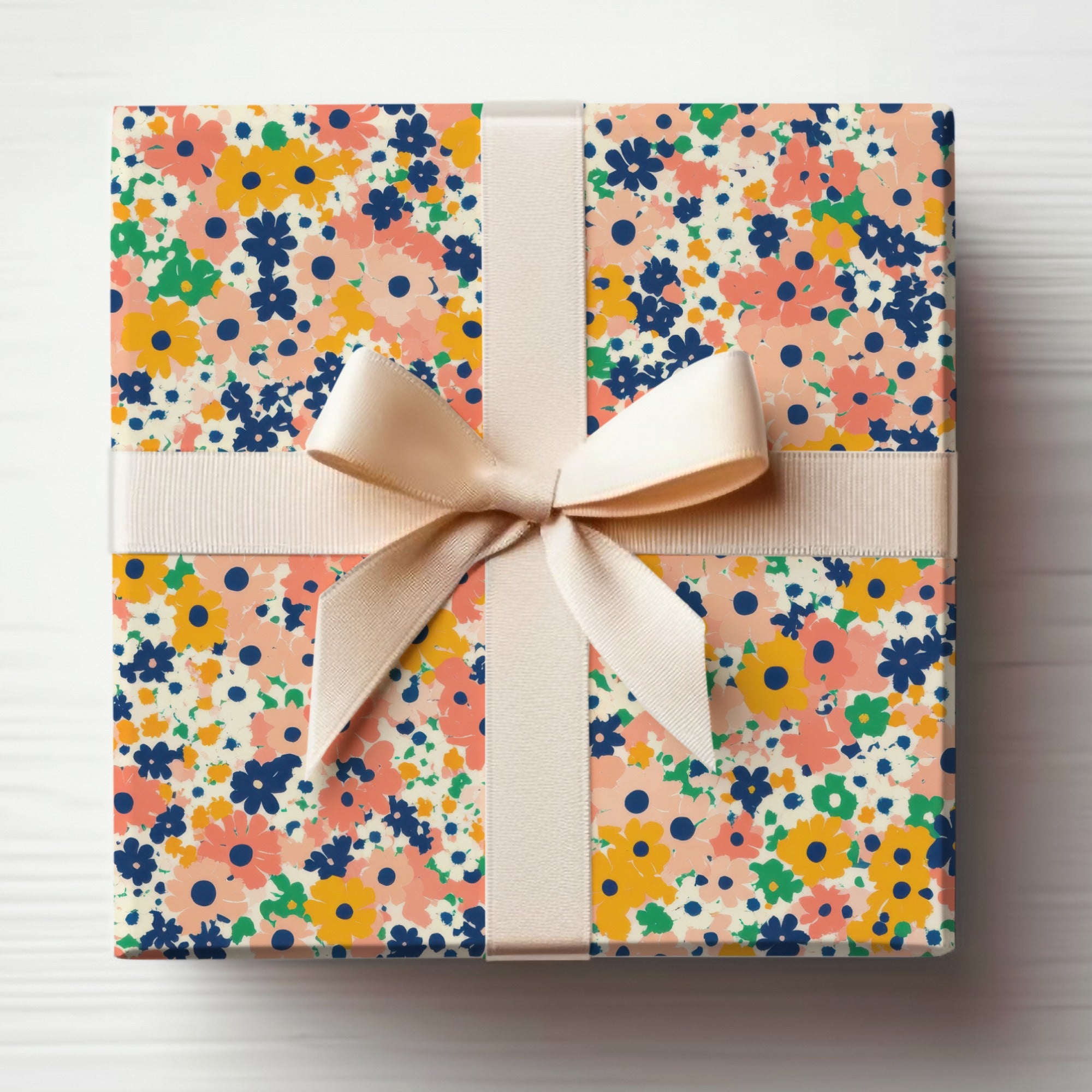 Colorful Floral Pattern Gift Wrap with Cream Ribbon