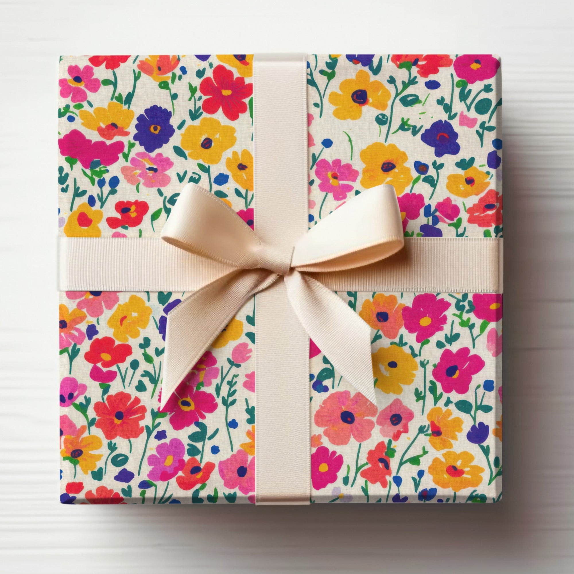 Vibrant Floral Patterned Gift Wrap with Bow Design