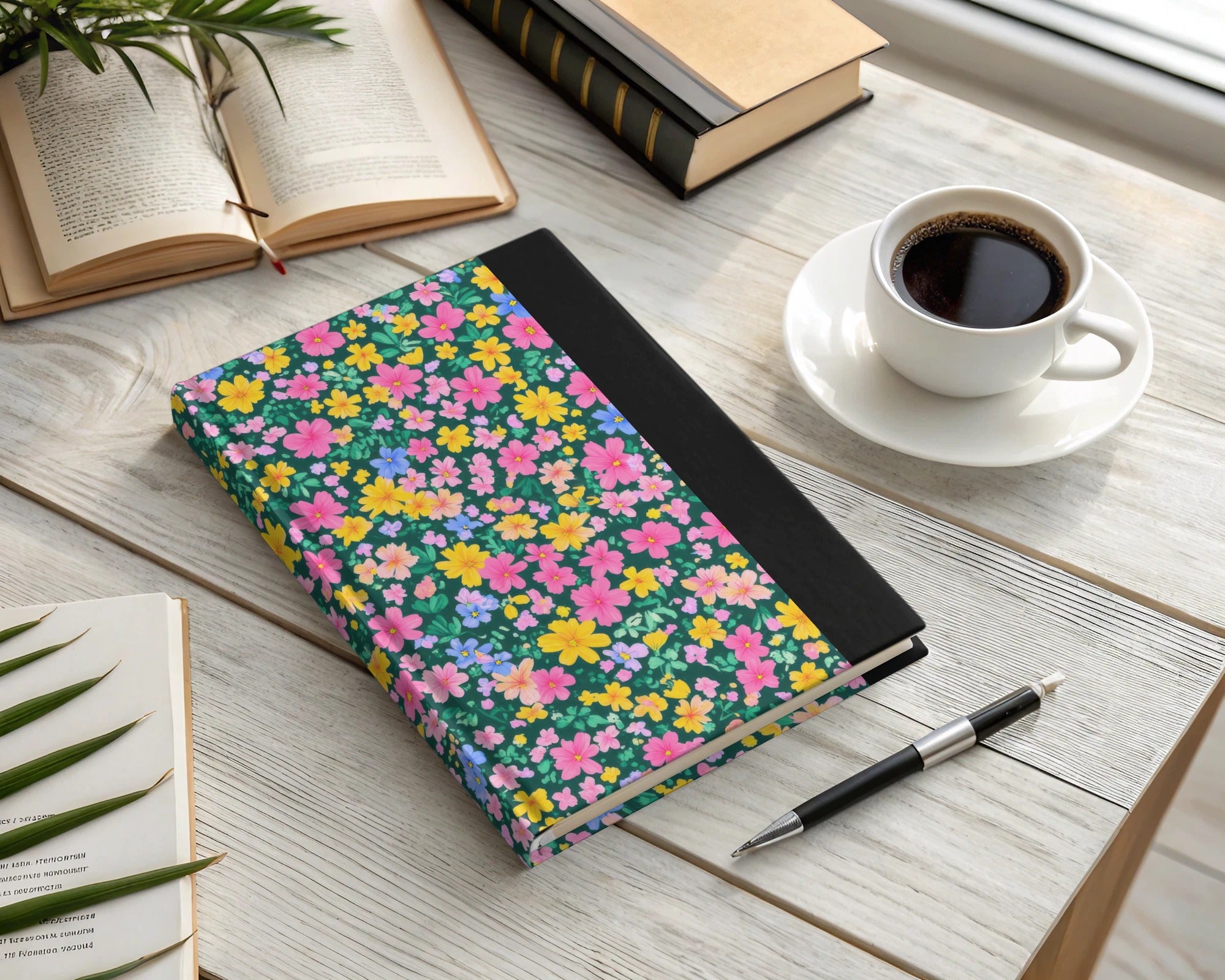 Floral Pattern Covered Journal with Black Spine Notebook