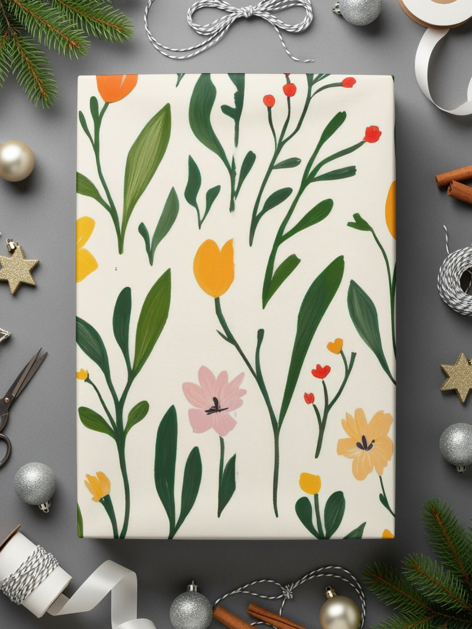 Festive Floral Pattern Gift Wrap for Holiday Season