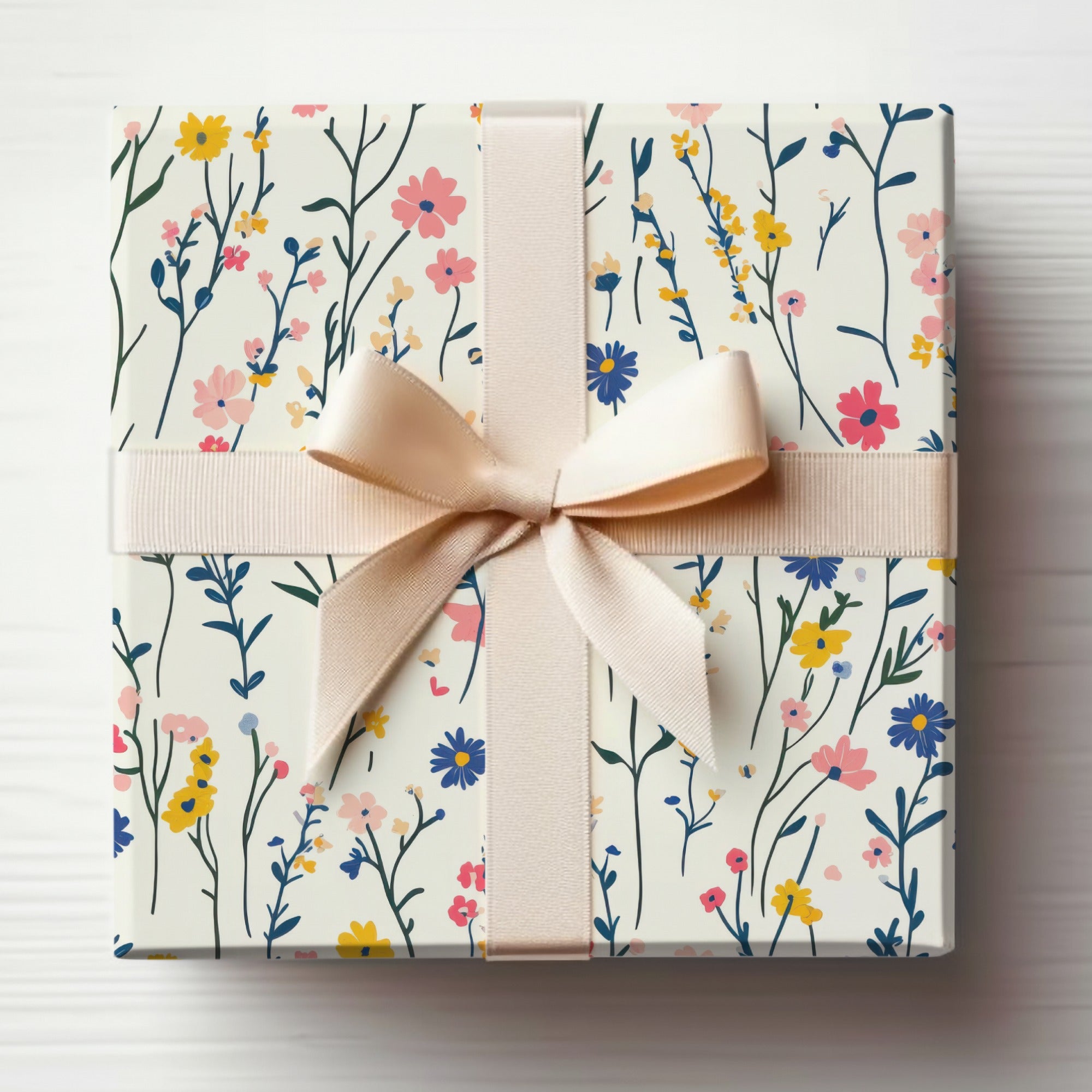 Floral Pattern Gift Wrapped Box with Ribbon
