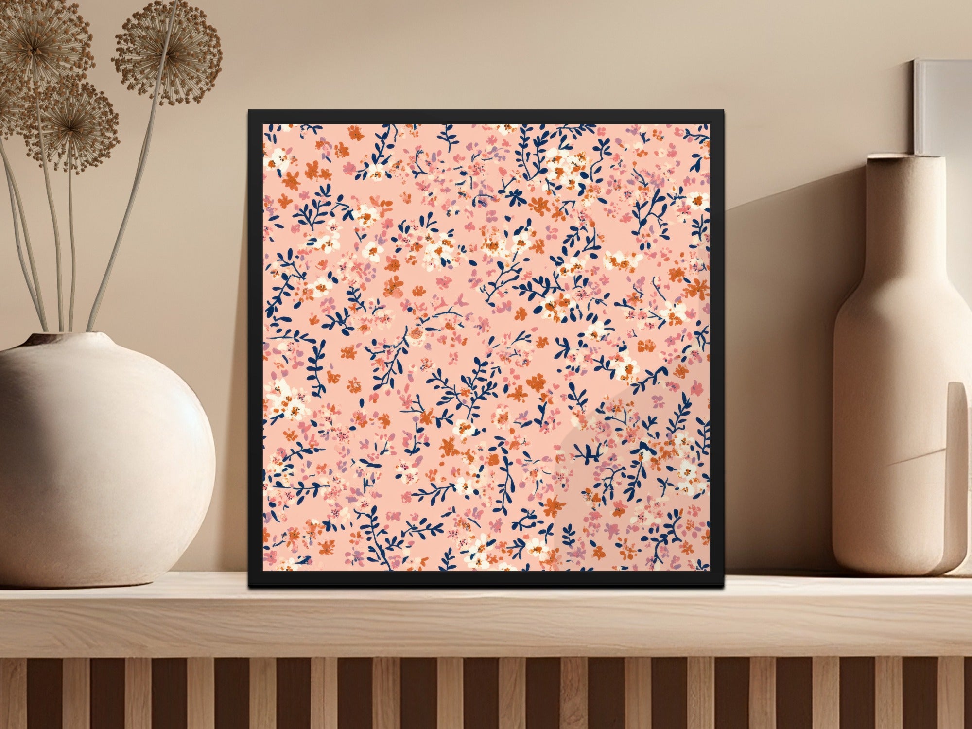 Pink and Blue Floral Patterned Wall Art Decor Print