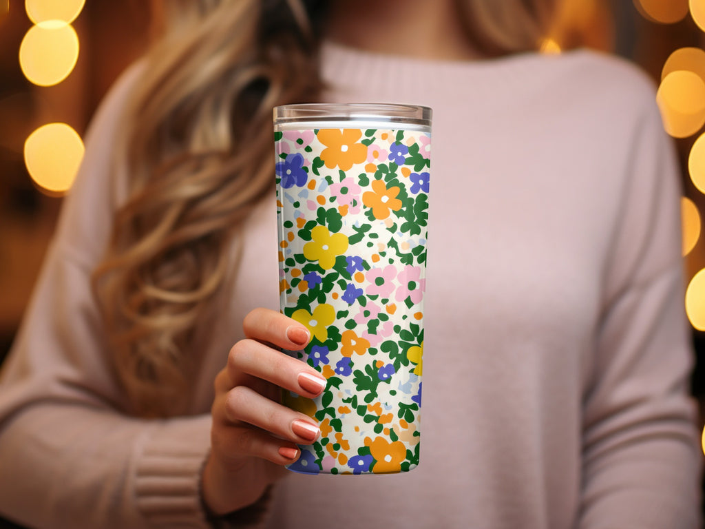 Colorful Floral Design Travel Tumbler Cup With Lid