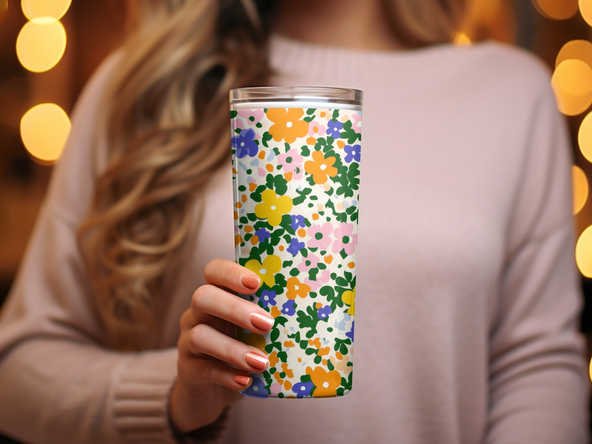 Colorful Floral Design Travel Tumbler Cup With Lid