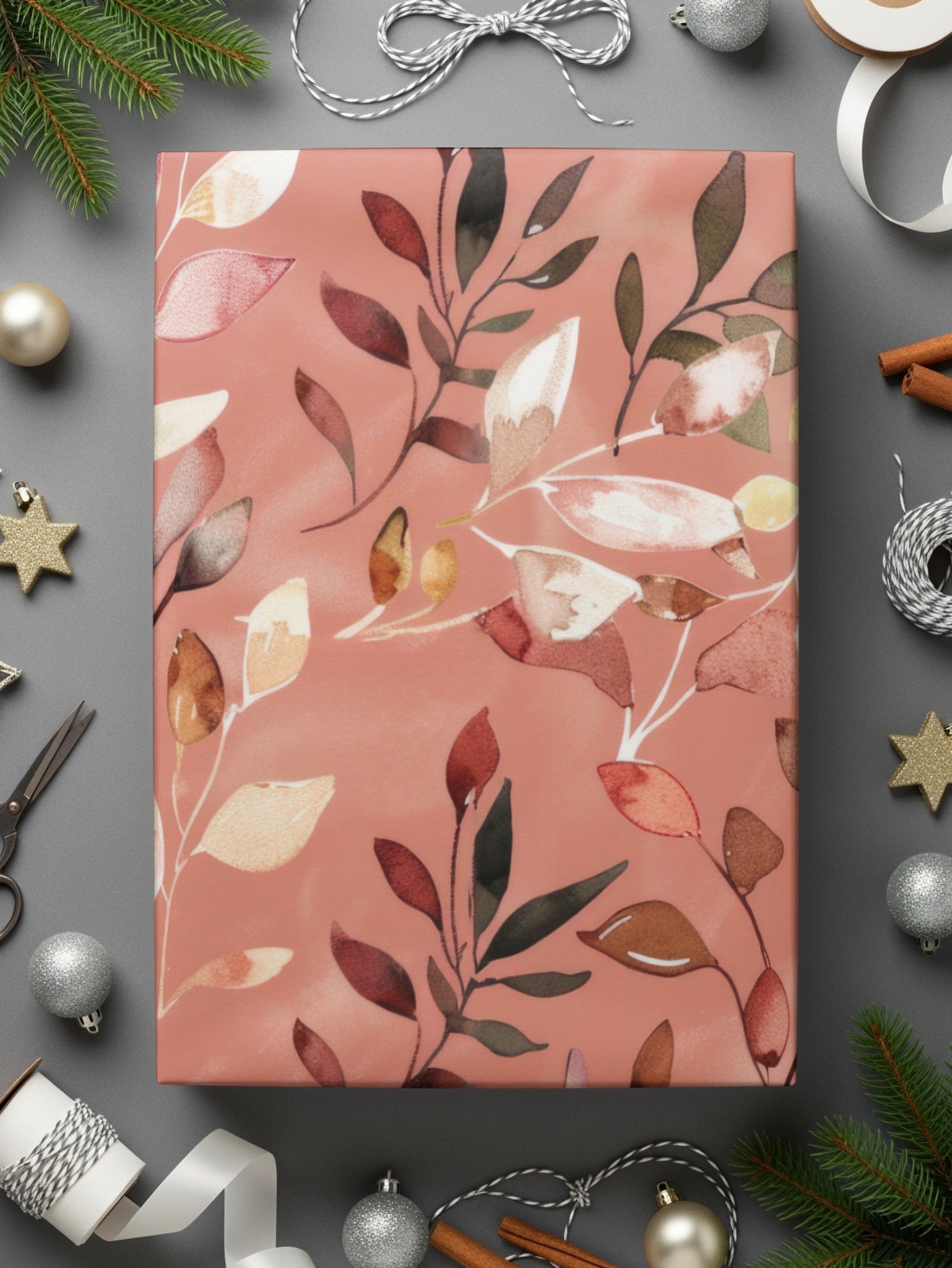 Elegant Floral Gift Wrap with Autumn Leaves Design