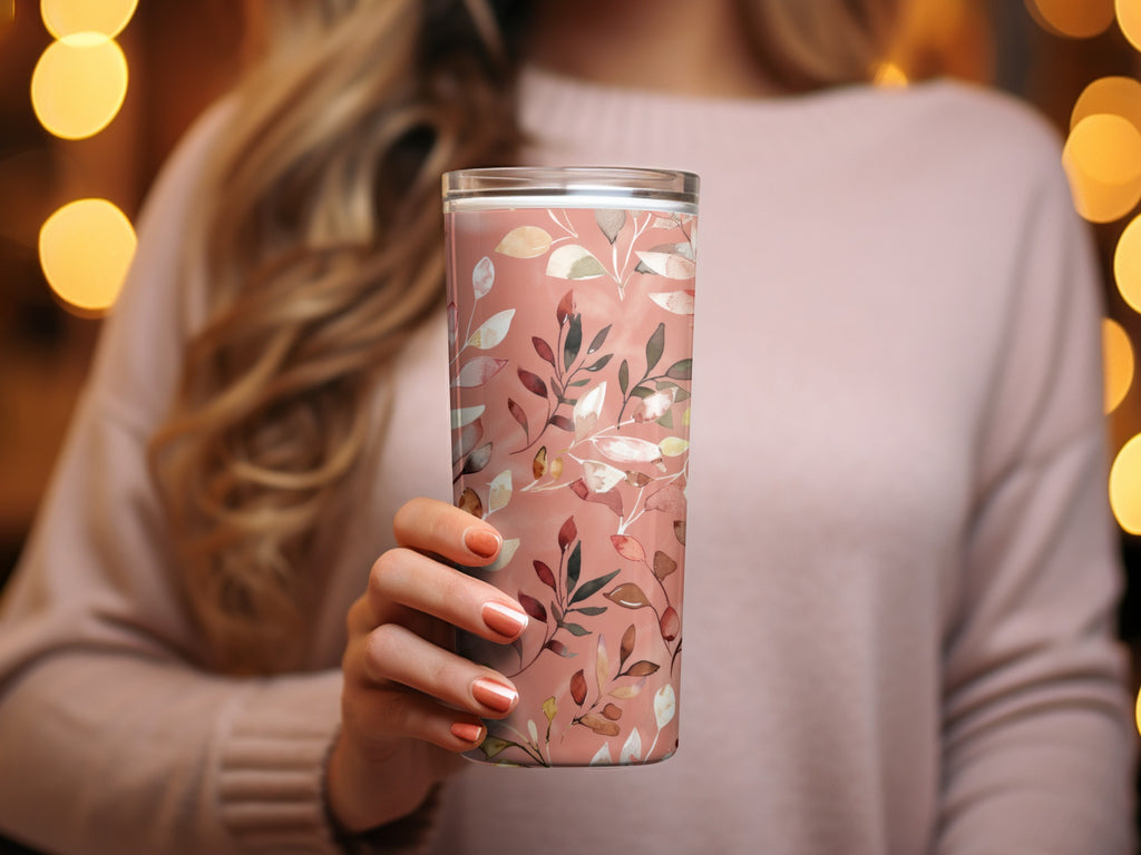 Elegant Floral Leaf Pink Tumbler for Hot or Cold Drinks