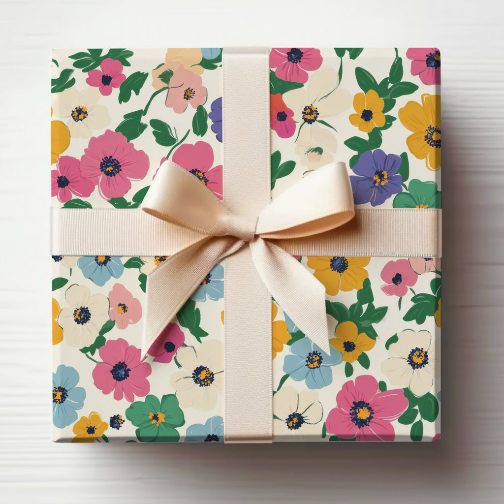 Colorful Floral Gift Wrap with Cream Ribbon Design