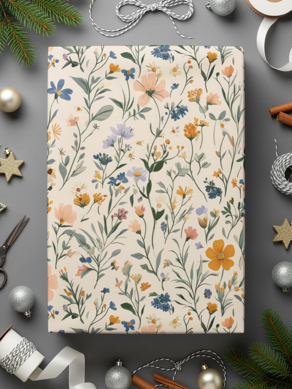 Floral Gift Wrap with Pastel Wildflowers Design