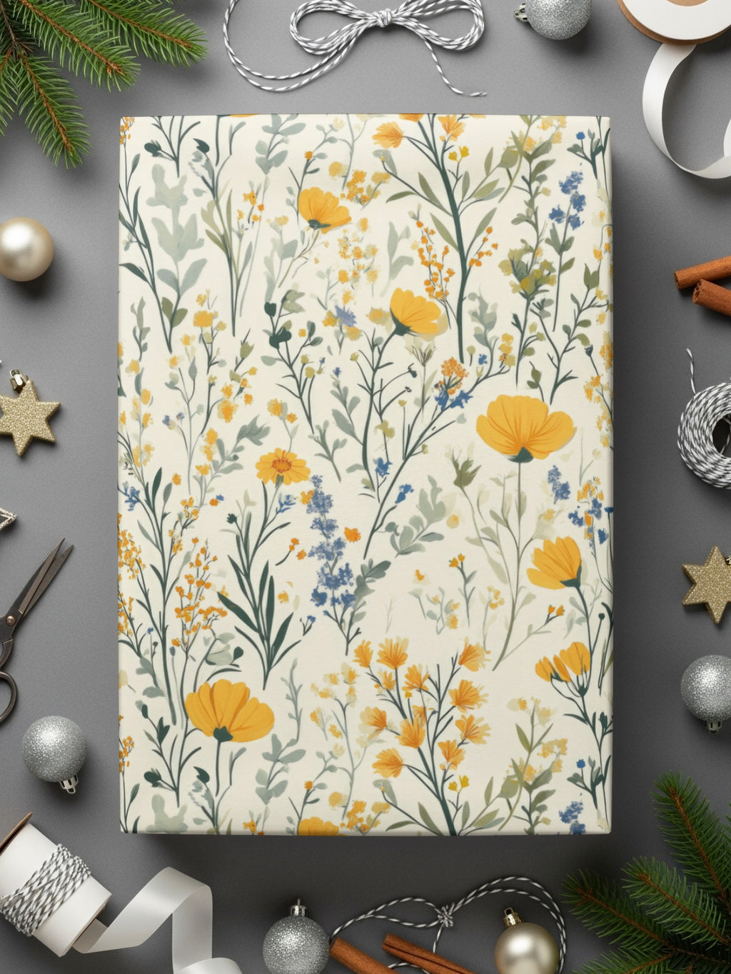 Floral Yellow and Blue Design Wrapping Paper Product