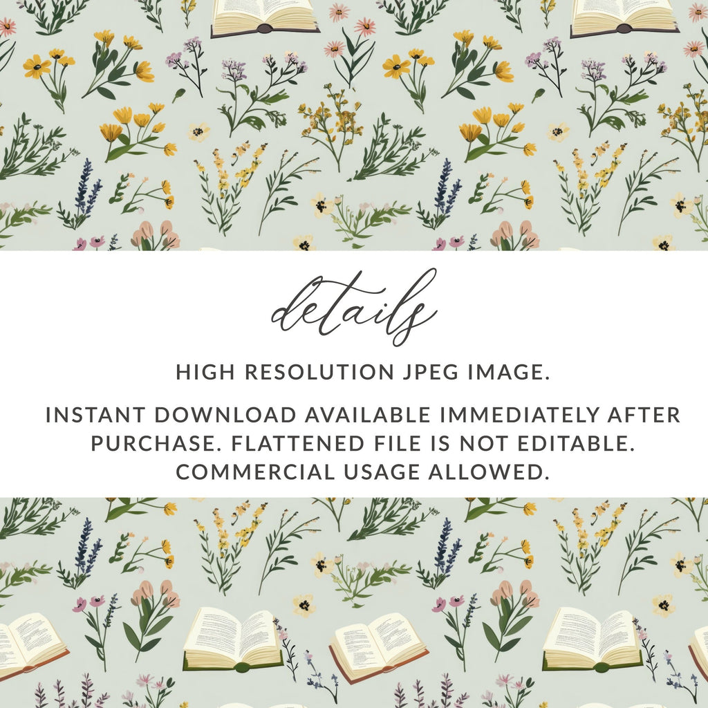 Book and Floral Seamless Pattern Digital Paper, Vintage Flowers Design, Reading Lover Gift, Botanical Surface Pattern, Commercial Use - Moore and Mountain