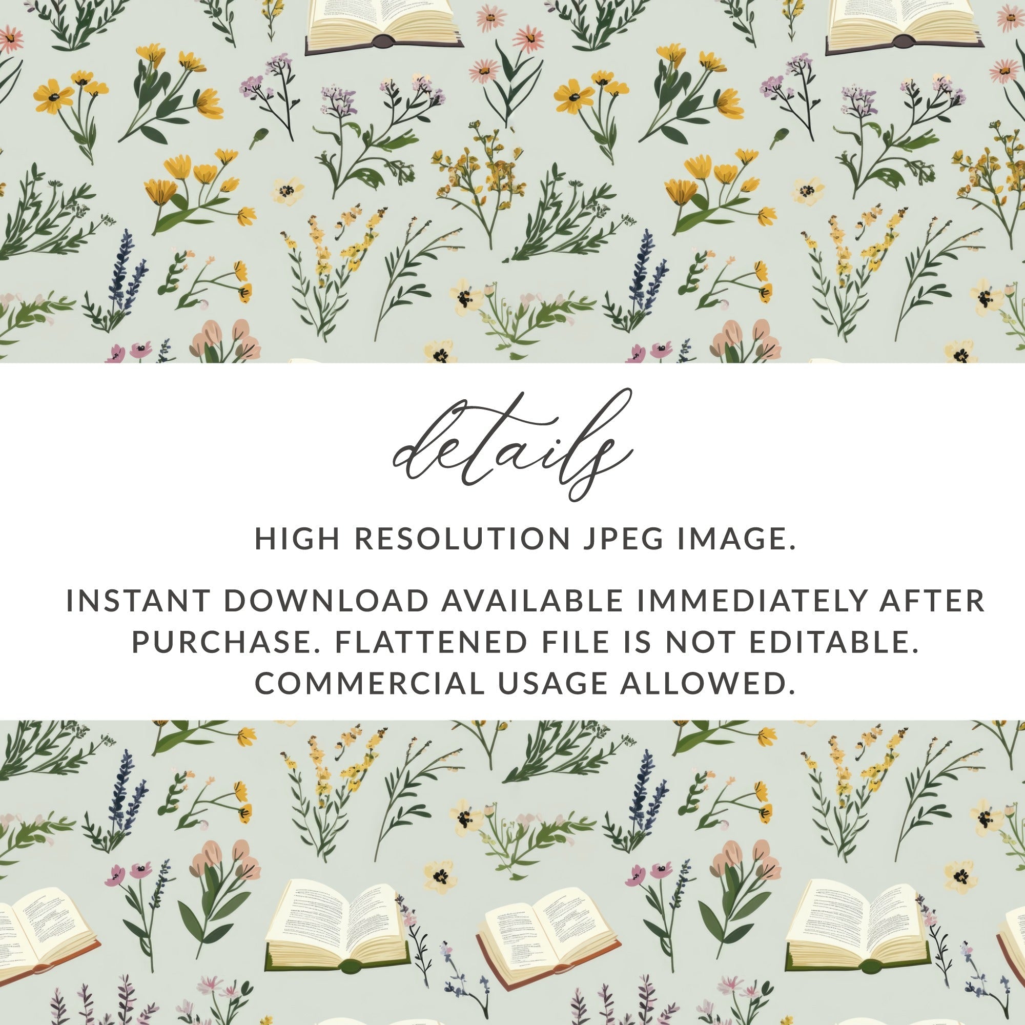 Book and Floral Seamless Pattern Digital Paper, Vintage Flowers Design, Reading Lover Gift, Botanical Surface Pattern, Commercial Use - Moore and Mountain