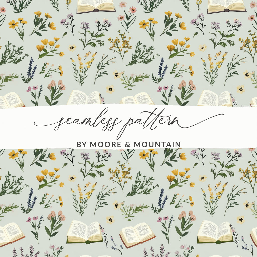 Book and Floral Seamless Pattern Digital Paper, Vintage Flowers Design, Reading Lover Gift, Botanical Surface Pattern, Commercial Use - Moore and Mountain