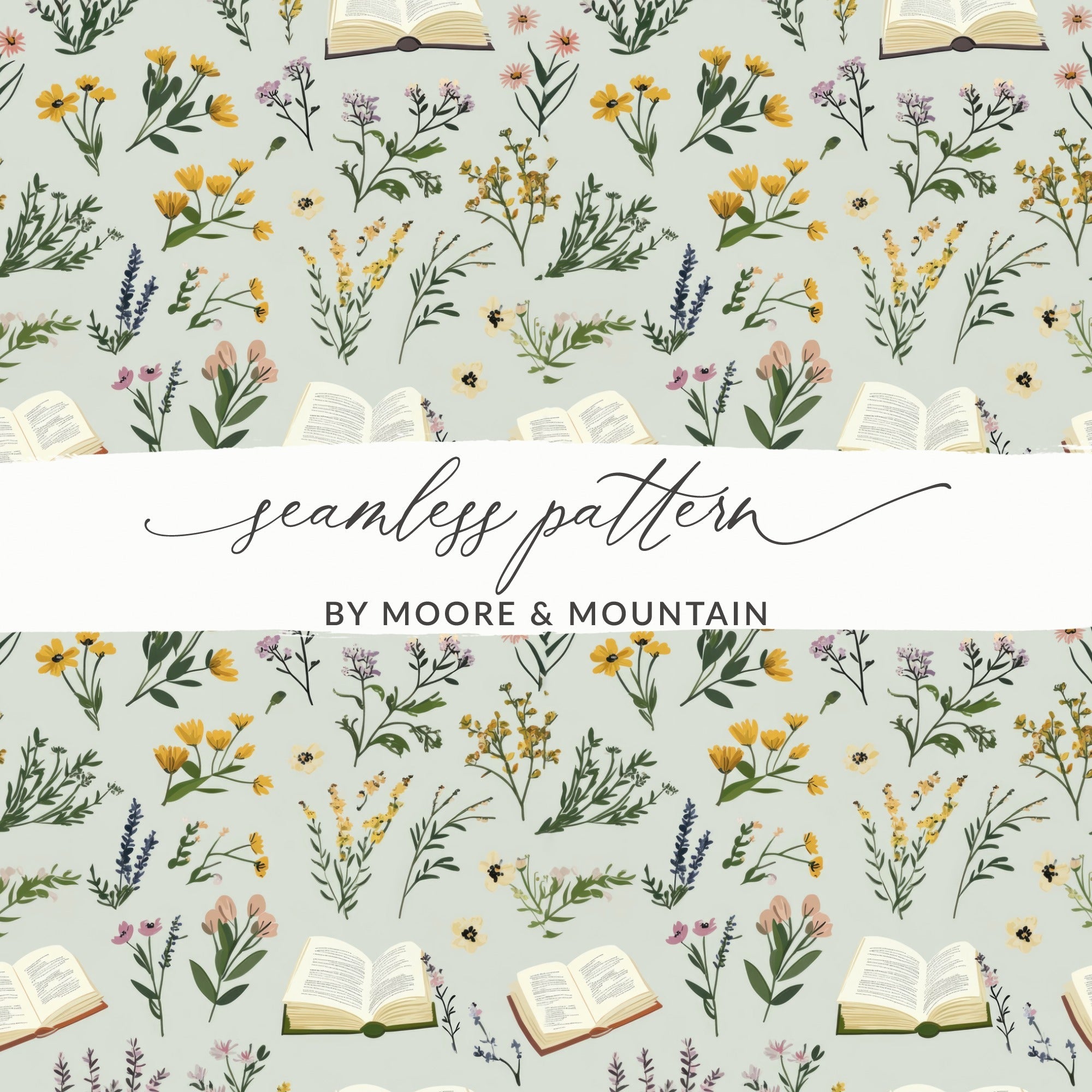 Book and Floral Seamless Pattern Digital Paper, Vintage Flowers Design, Reading Lover Gift, Botanical Surface Pattern, Commercial Use - Moore and Mountain