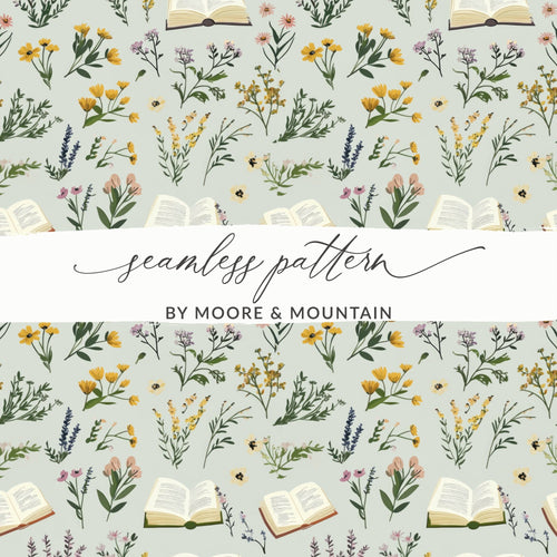 Book and Floral Seamless Pattern Digital Paper, Vintage Flowers Design, Reading Lover Gift, Botanical Surface Pattern, Commercial Use - Moore and Mountain