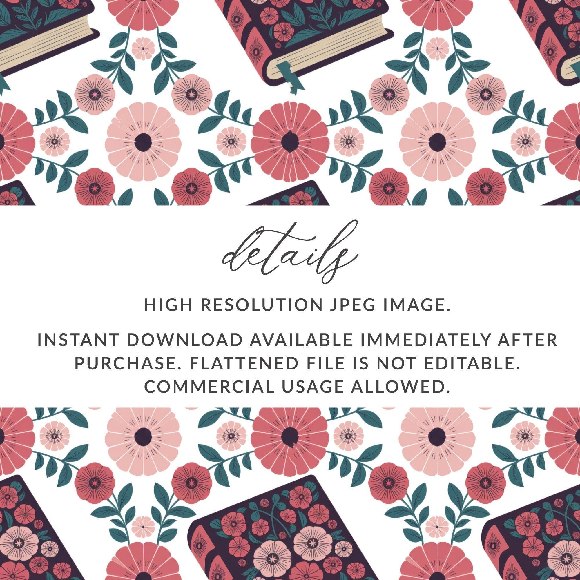 Book and Flower Digital Paper, Seamless Floral Pattern, Digital Scrapbook Paper, Fabric Design, Bookish Gift, Digital Download (138) - Moore and Mountain