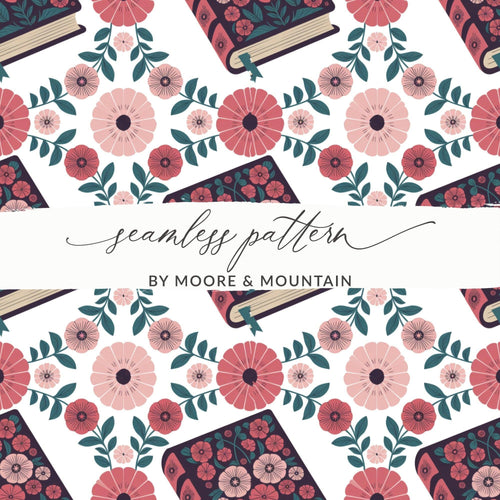 Book and Flower Digital Paper, Seamless Floral Pattern, Digital Scrapbook Paper, Fabric Design, Bookish Gift, Digital Download (138) - Moore and Mountain
