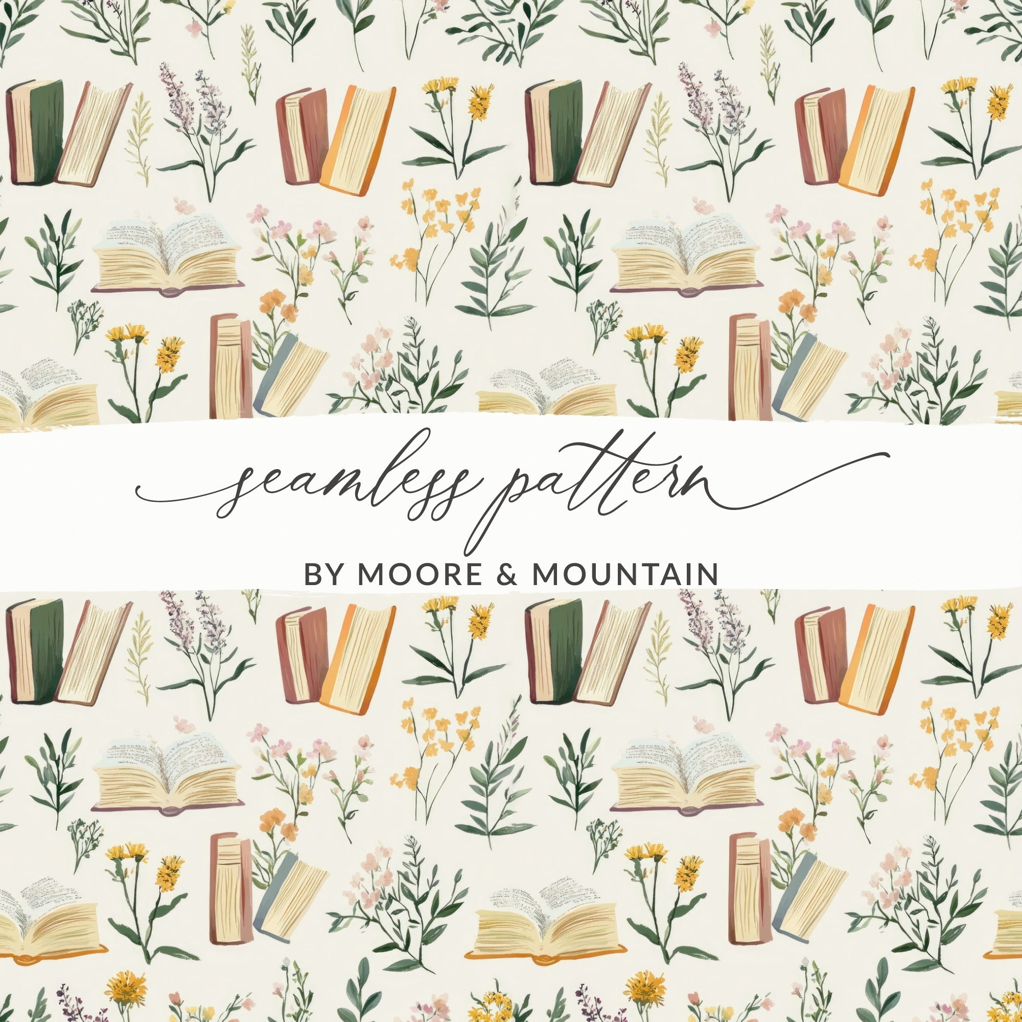 Books and Flowers Seamless Pattern, Digital Paper, Botanical Design, Reading Nook Decor, Fabric Design, Floral Book Lover Gift, Digital - Moore and Mountain