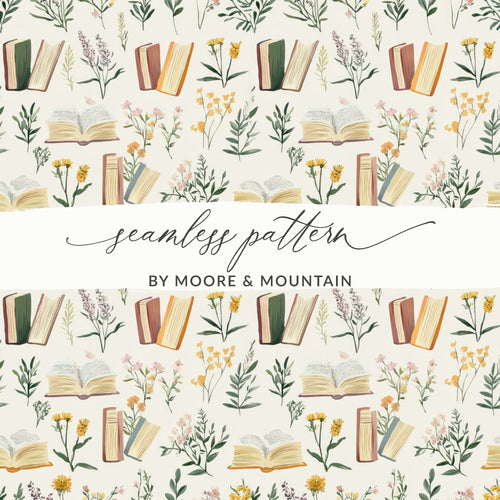 Books and Flowers Seamless Pattern, Digital Paper, Botanical Design, Reading Nook Decor, Fabric Design, Floral Book Lover Gift, Digital - Moore and Mountain