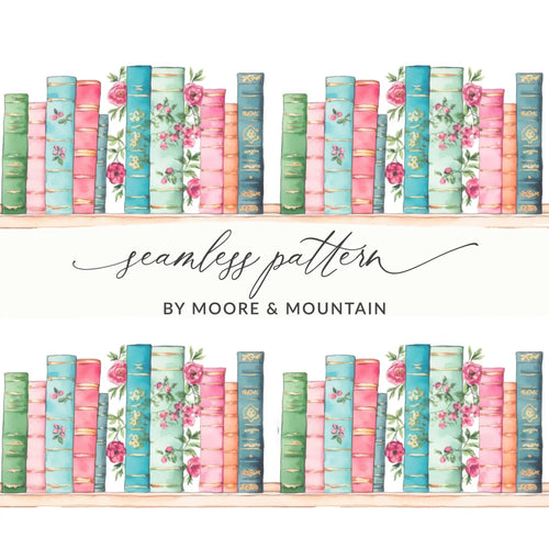 Bookshelf Digital Paper, Floral Book Digital Download, Seamless Book Pattern, Library Decor Digital, Scrapbook Paper, Book Lover Gift - Moore and Mountain