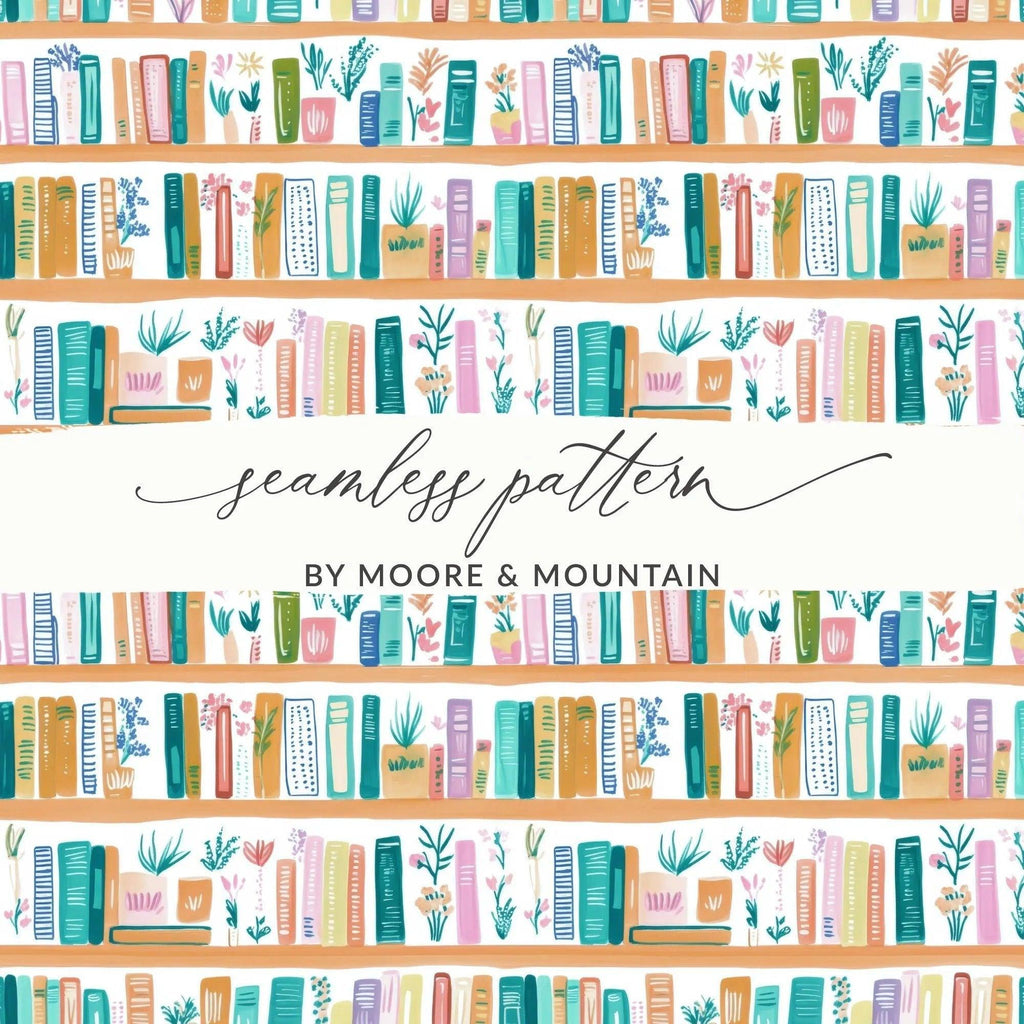 Bookshelf Digital Paper, Seamless Books Pattern JPEG, Library Books Printable, Commercial Use, Print on Demand, Digital Download - Moore and Mountain