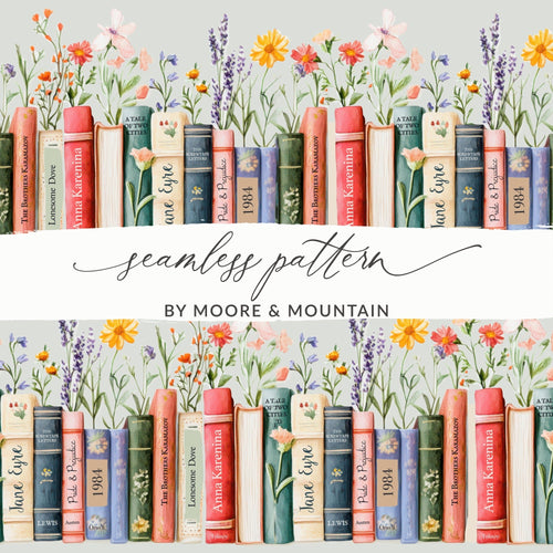 Bookshelf Flowers Digital Paper, Classic Literature Seamless Pattern, Cottagecore Design, Book Lover Scrapbook Paper, Digital Download - Moore and Mountain