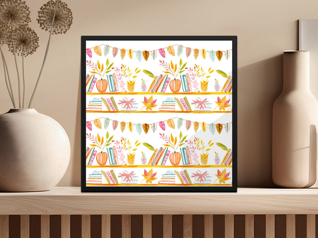 Bookshelf Seamless Pattern, Fall Digital Paper, Watercolor Books, Autumn Leaves, Reading Lover, Scrapbook Paper, Planner Printable - Moore and Mountain