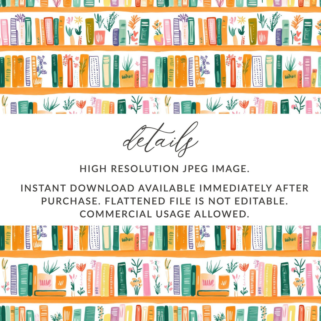 Bookshelf Seamless Pattern, Floral Book Digital Paper, Books Illustration Background, Reading Lover, Watercolor Texture, Scrapbook Paper - Moore and Mountain