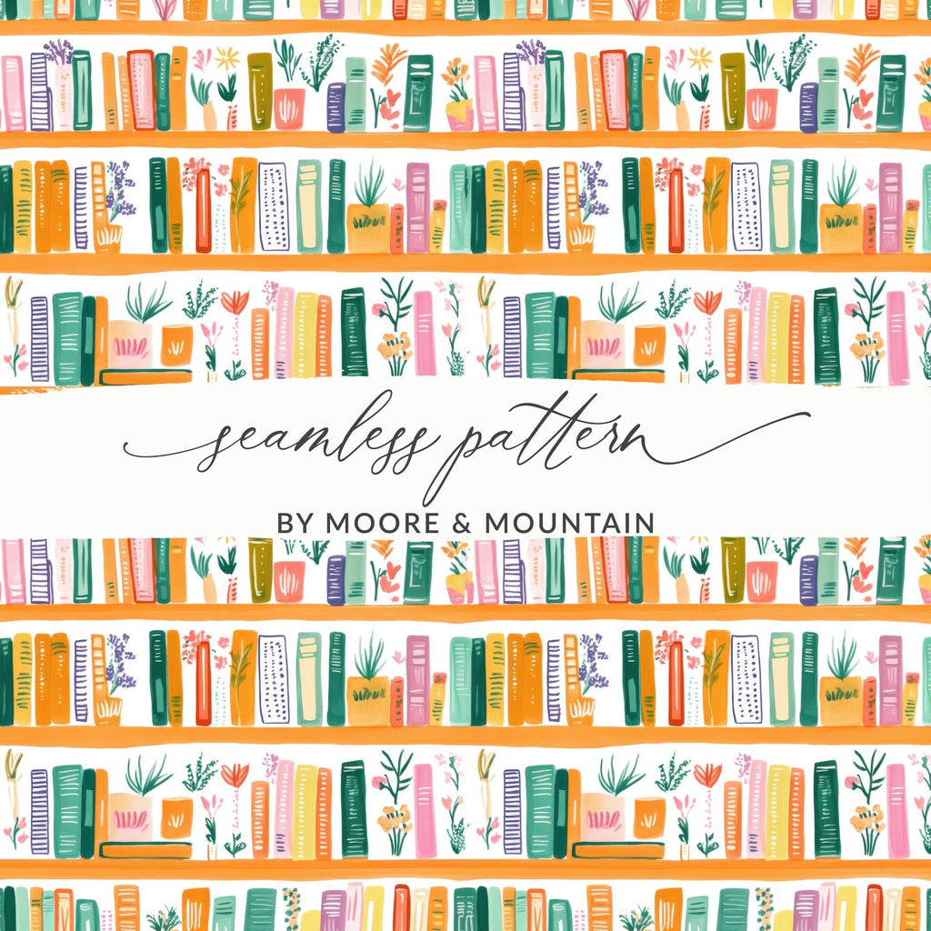 Bookshelf Seamless Pattern, Floral Book Digital Paper, Books Illustration Background, Reading Lover, Watercolor Texture, Scrapbook Paper - Moore and Mountain