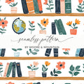 Bookshelf Seamless Pattern, Globe Floral Digital Paper, Reading Teacher Clipart, Cute Background, Scrapbook Paper, Repeat Pattern - Moore and Mountain
