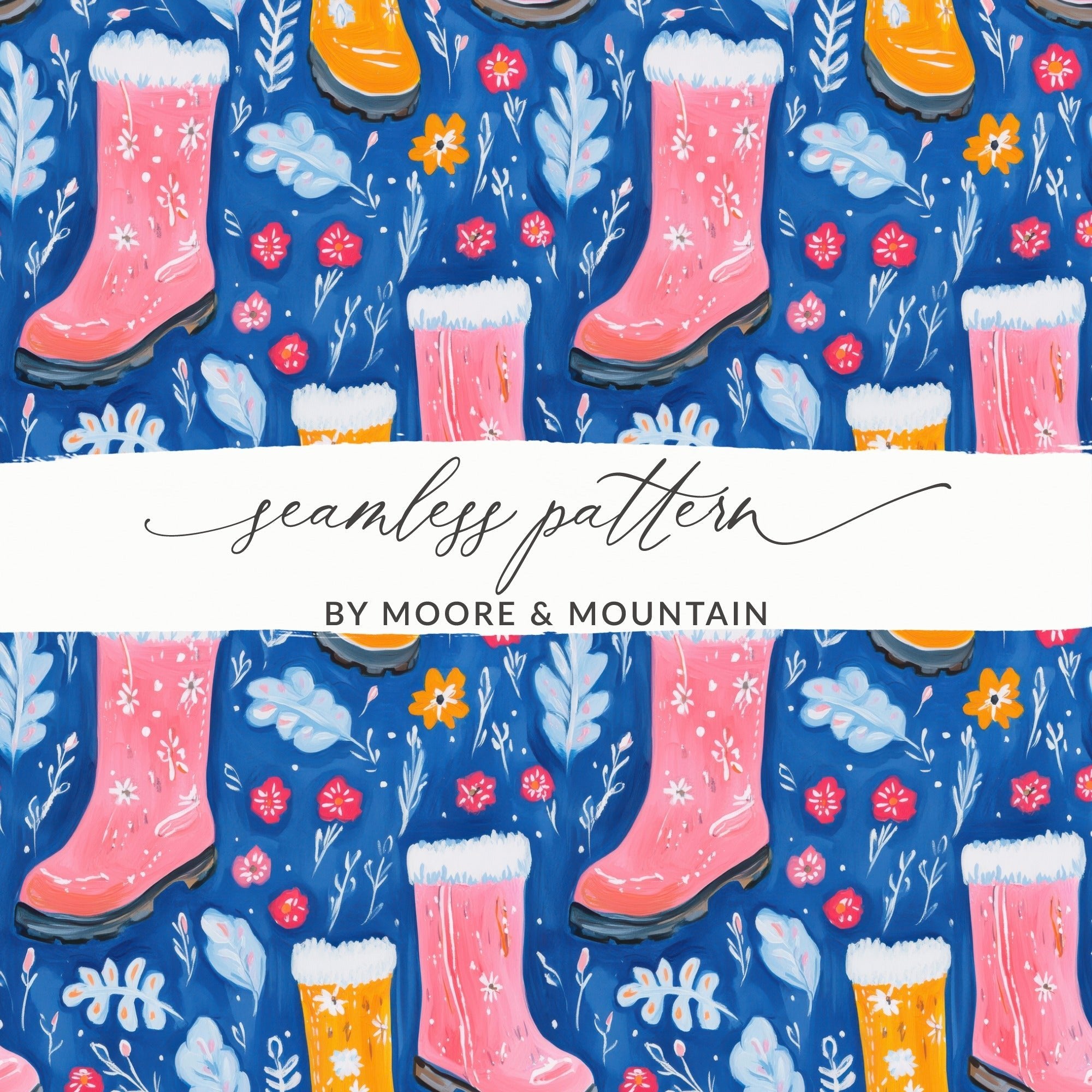 Boots and Flowers Cute Seamless Pattern Surface Design Digital - Moore and Mountain