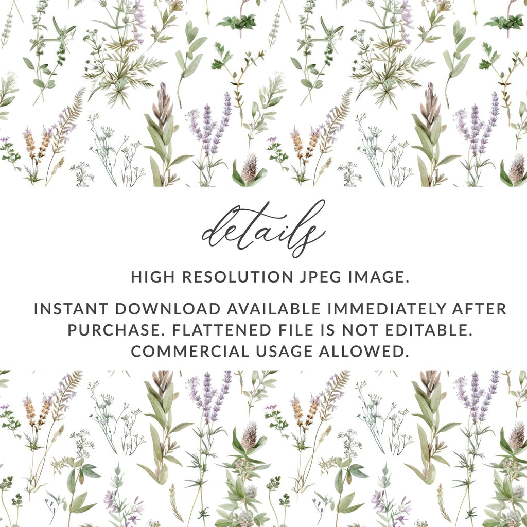 Botanical Seamless Pattern, Digital Paper Download, Floral Design, Wildflower Background, Watercolor Herb, Scrapbooking Paper, Fabric Print - Moore and Mountain