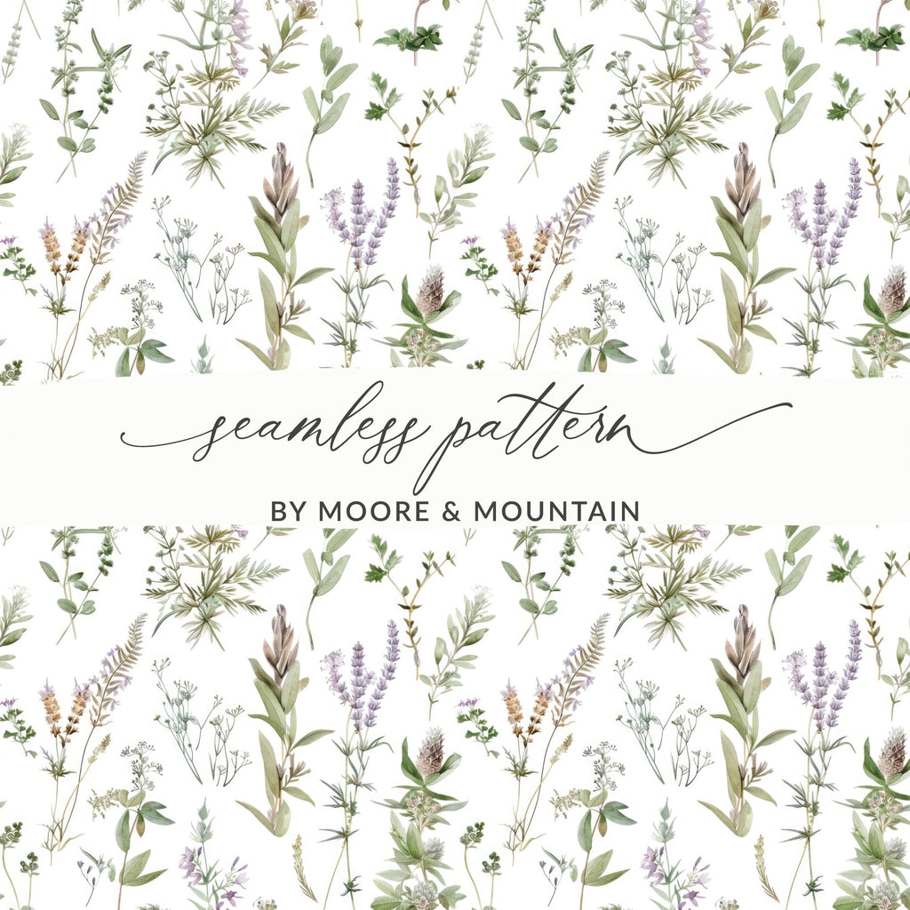 Botanical Seamless Pattern, Digital Paper Download, Floral Design, Wildflower Background, Watercolor Herb, Scrapbooking Paper, Fabric Print - Moore and Mountain