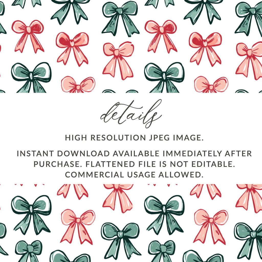 Bows Digital Paper, Seamless Pattern, Christmas Holiday Bows Fabric Design, Pink, Green Bows, Scrapbooking Paper, Digital Download, for - Moore and Mountain