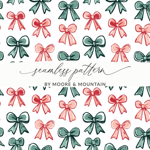 Bows Digital Paper, Seamless Pattern, Christmas Holiday Bows Fabric Design, Pink, Green Bows, Scrapbooking Paper, Digital Download, for - Moore and Mountain