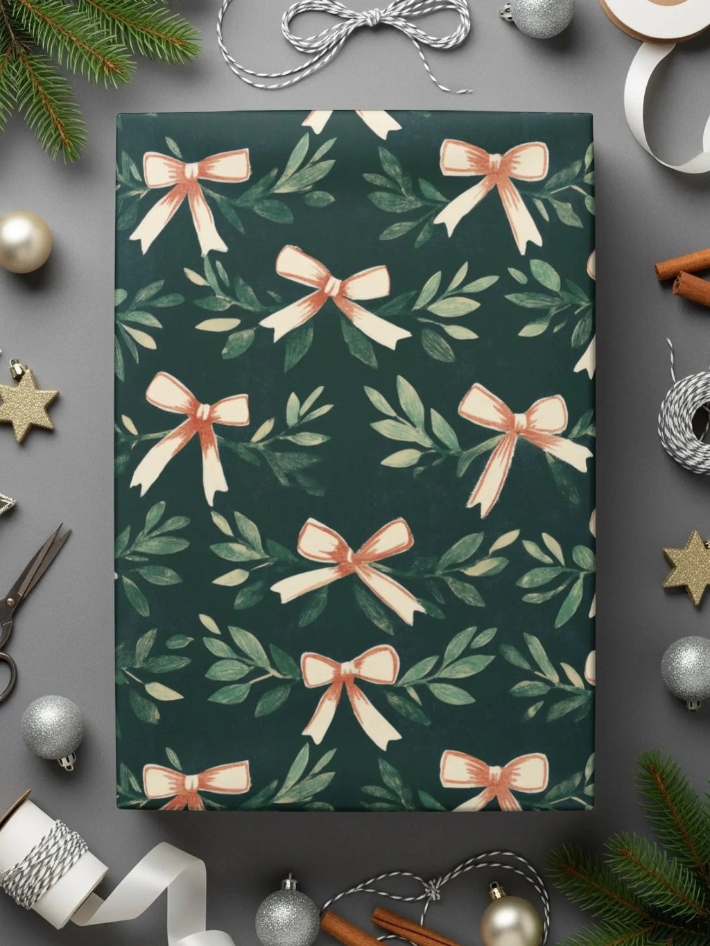 Bows and Leaves Seamless Digital Paper, Christmas Holiday Pattern, Festive Repeat Pattern, Scrapbooking Fabric Design, Digital Download - Moore and Mountain