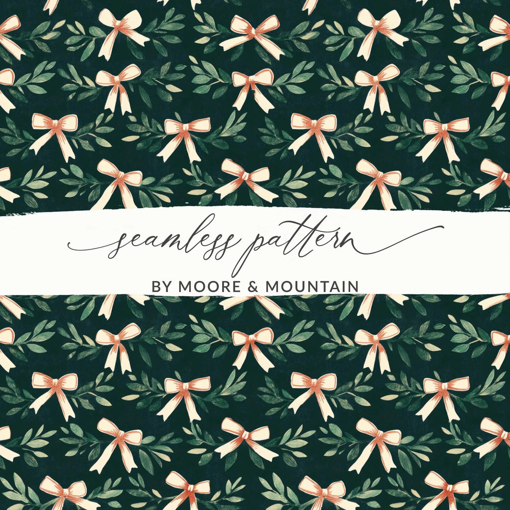 Bows and Leaves Seamless Digital Paper, Christmas Holiday Pattern, Festive Repeat Pattern, Scrapbooking Fabric Design, Digital Download - Moore and Mountain
