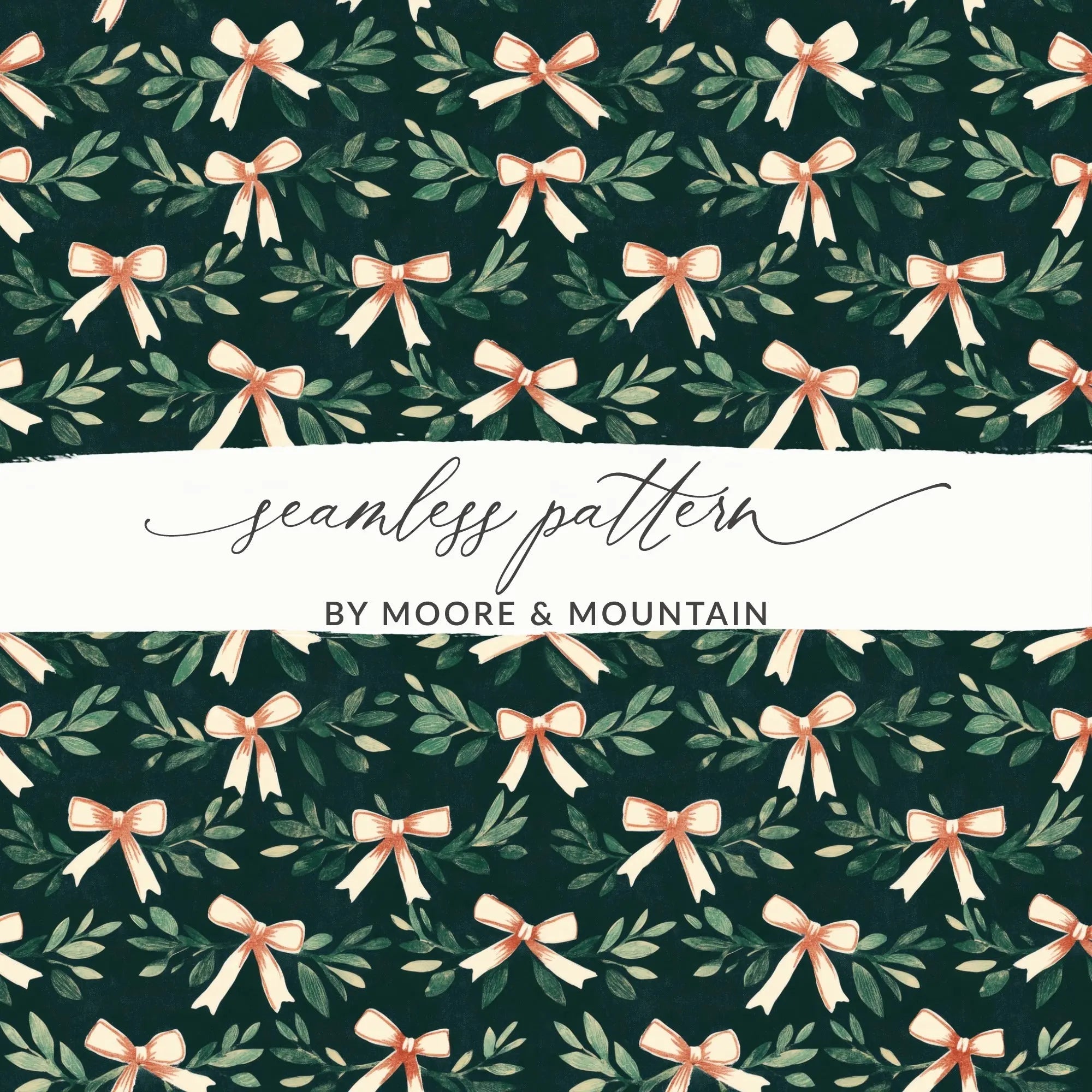 Bows and Leaves Seamless Digital Paper, Christmas Holiday Pattern, Festive Repeat Pattern, Scrapbooking Fabric Design, Digital Download - Moore and Mountain