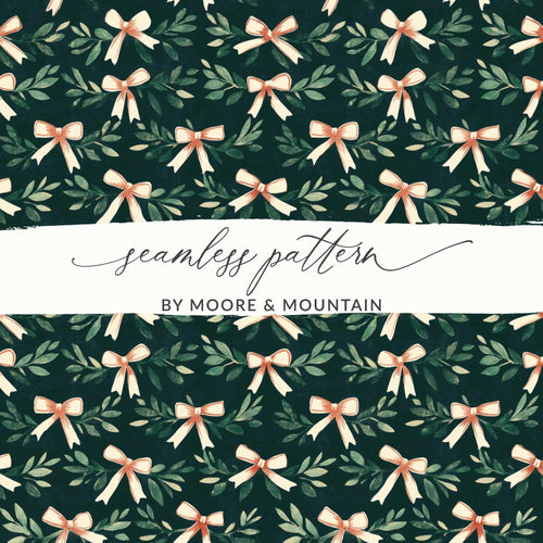 Bows and Leaves Seamless Digital Paper, Christmas Holiday Pattern, Festive Repeat Pattern, Scrapbooking Fabric Design, Digital Download - Moore and Mountain
